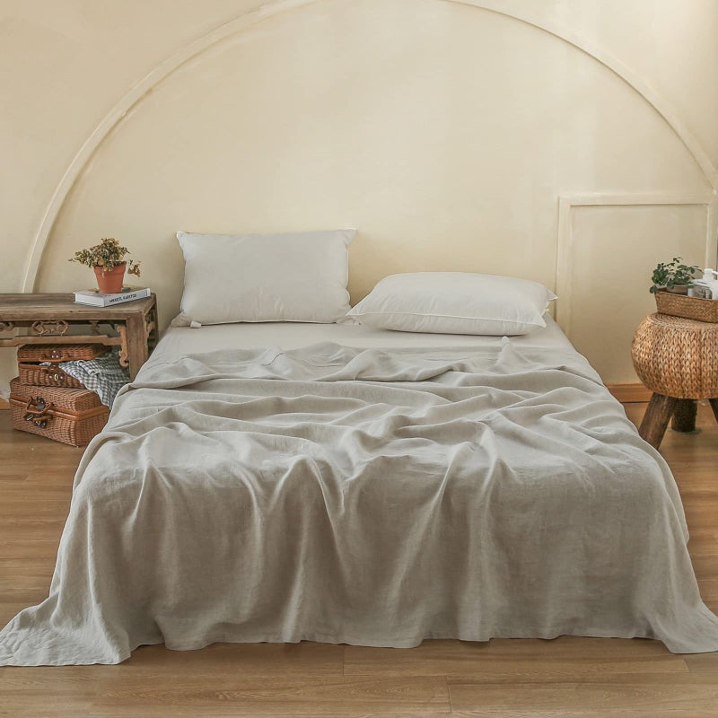 Simple&Opulence French Linen Flat Sheet with Embroidered Border-100% Stone Washed Flax Bedding,Queen Size(90''x102'') Ultra Soft,Breathable Flat Top Sheet-1 Piece Bed Flat Sheet Only(Linen) - Image 1